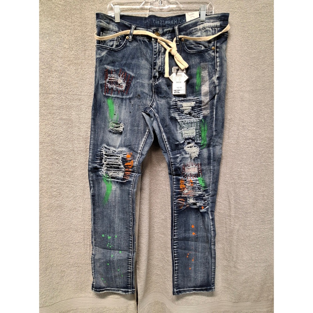 Rue21 Premium Mens Skinny Jeans 34x32Supreme Flex Distressed Paint Splatter Blue